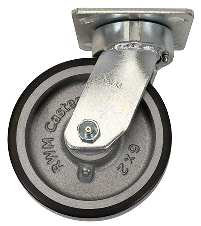 Side view of swivel caster with black and silver wheel